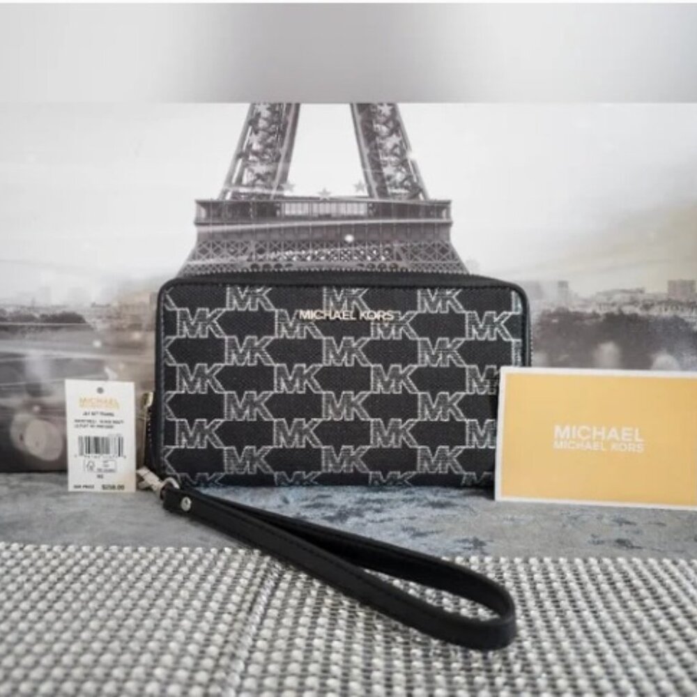Michael Kors Jet Set Travel Wristlet Wallet MK Black shimmer NWT
